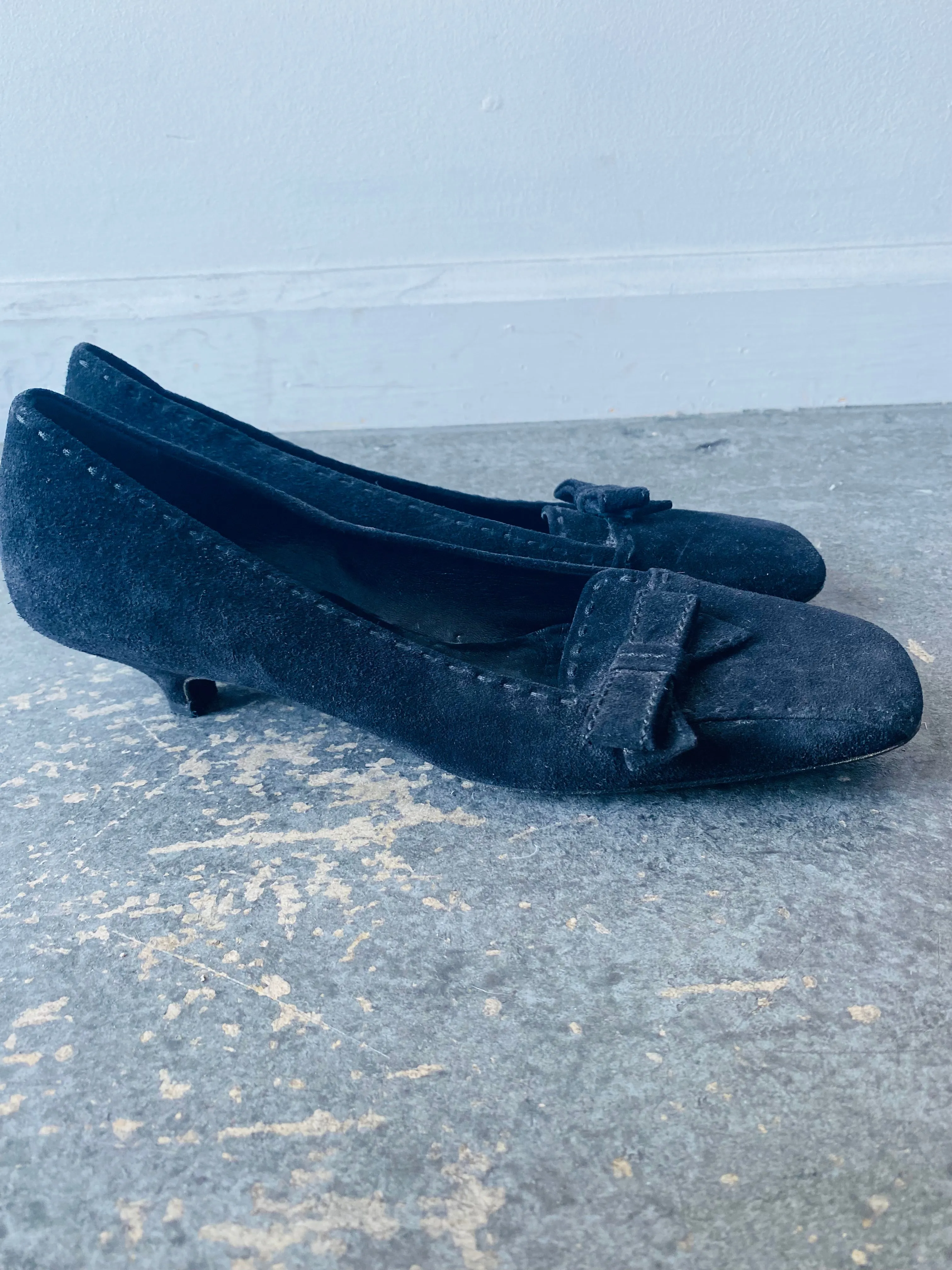 Prada Black Suede Square Toe Kitten Heels 7.5