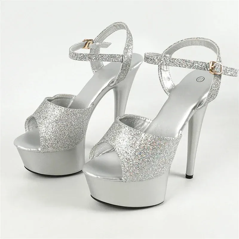 Sequin Cloth Open Toe Stiletto Buckle Strap Pole Dancing Shoes