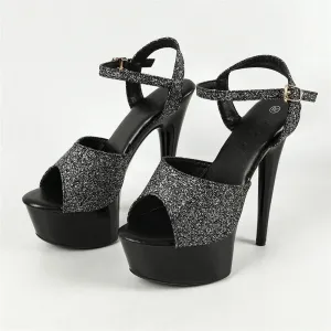 Sequin Cloth Open Toe Stiletto Buckle Strap Pole Dancing Shoes