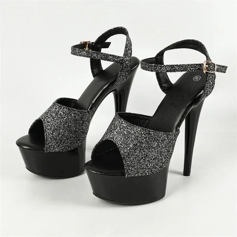 Sequin Cloth Open Toe Stiletto Buckle Strap Pole Dancing Shoes
