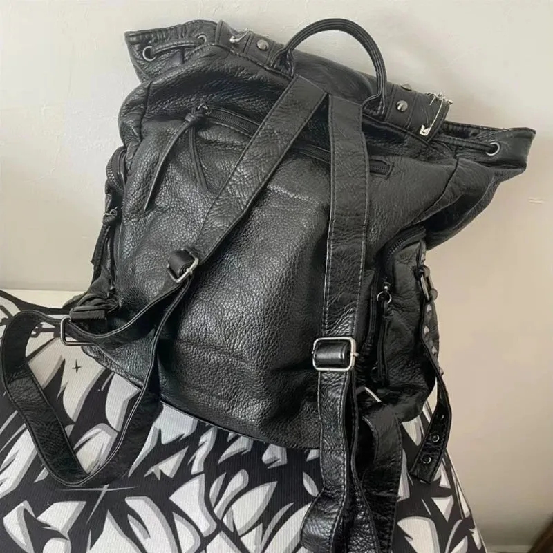 Sohiwoo Goth Y2k Backpacks for Women Black Punk Rivet Chain School Students Bag Pu Leather Cross Skeleton Fashion Female Backpacks