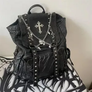 Sohiwoo Goth Y2k Backpacks for Women Black Punk Rivet Chain School Students Bag Pu Leather Cross Skeleton Fashion Female Backpacks