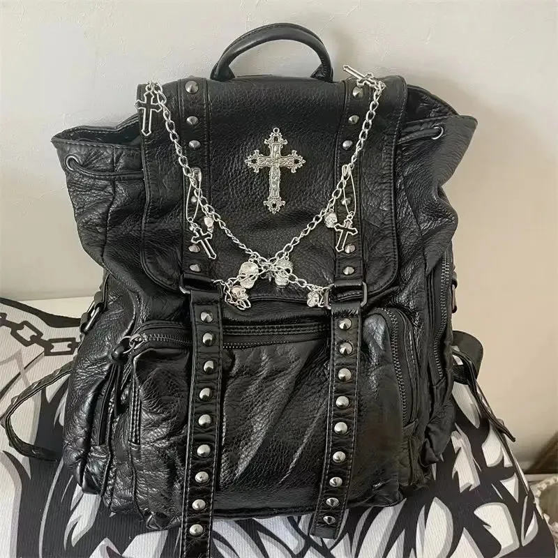Sohiwoo Goth Y2k Backpacks for Women Black Punk Rivet Chain School Students Bag Pu Leather Cross Skeleton Fashion Female Backpacks