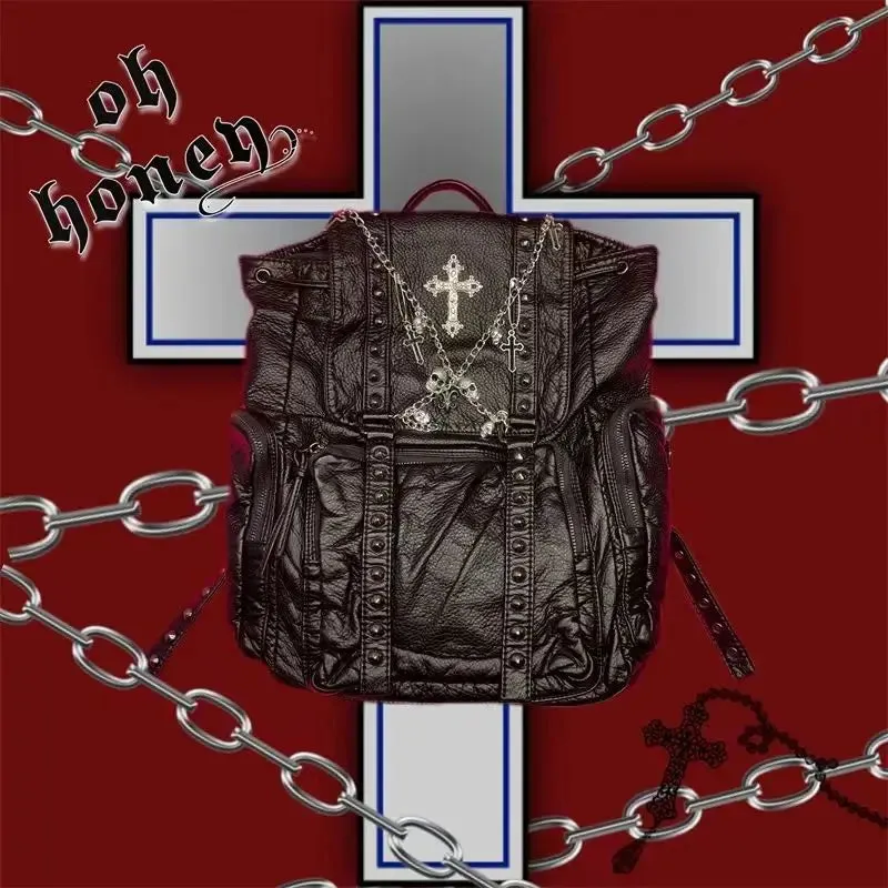 Sohiwoo Goth Y2k Backpacks for Women Black Punk Rivet Chain School Students Bag Pu Leather Cross Skeleton Fashion Female Backpacks