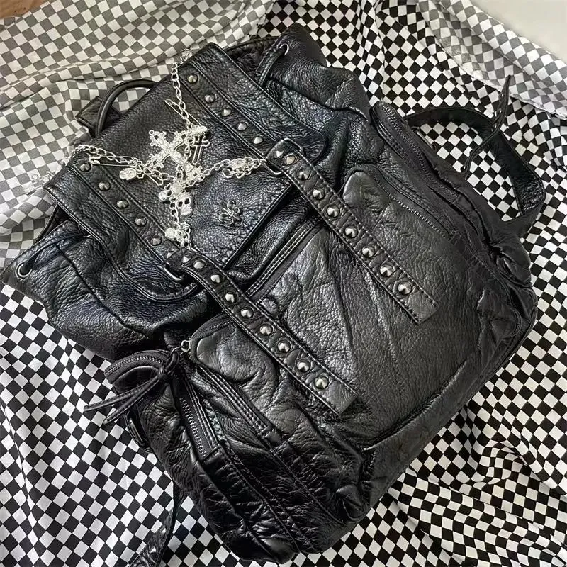 Sohiwoo Goth Y2k Backpacks for Women Black Punk Rivet Chain School Students Bag Pu Leather Cross Skeleton Fashion Female Backpacks