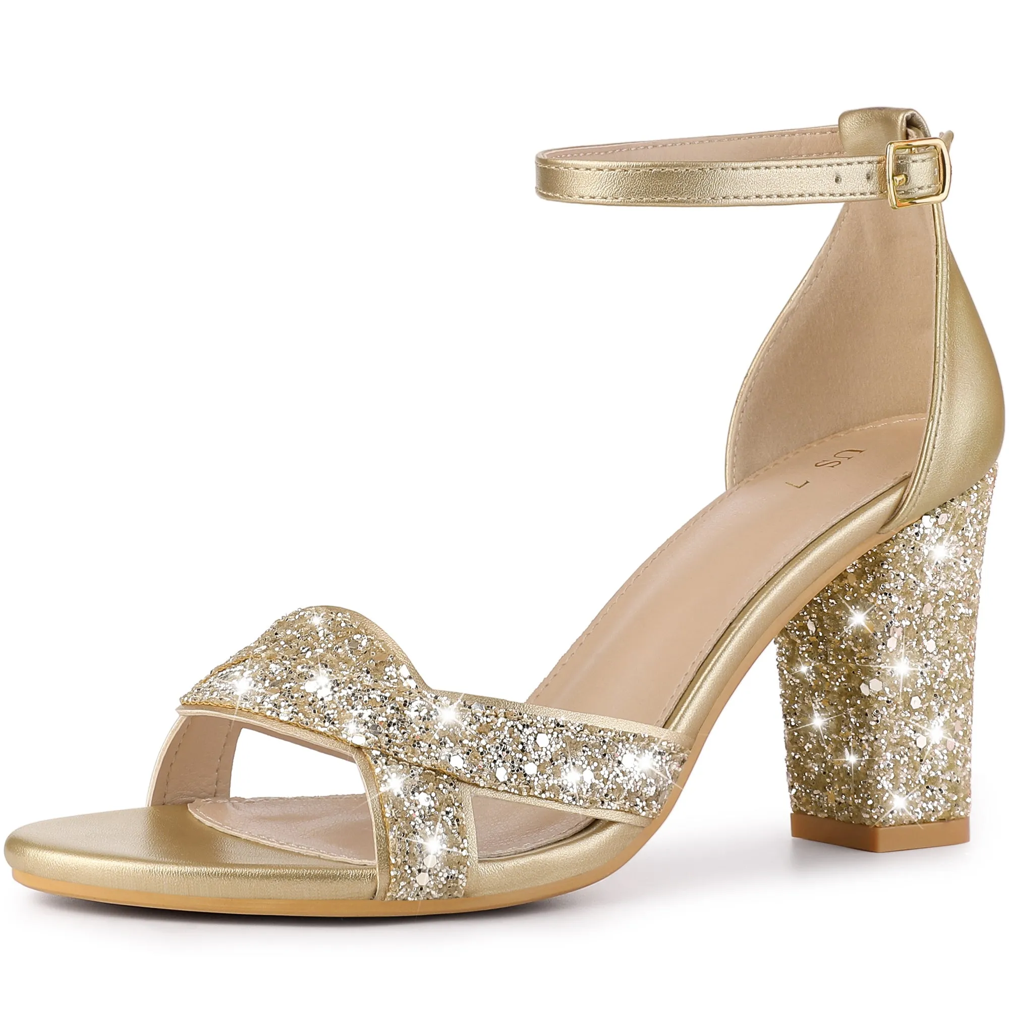 Women's Bling Glitter Ankle Strap High Chunky Heel Sandals