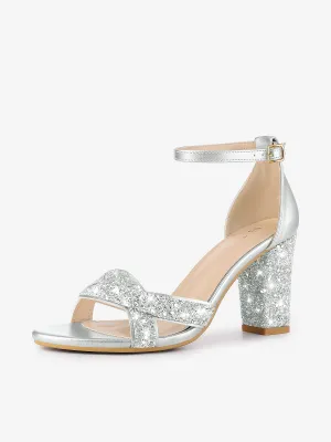 Women's Bling Glitter Ankle Strap High Chunky Heel Sandals