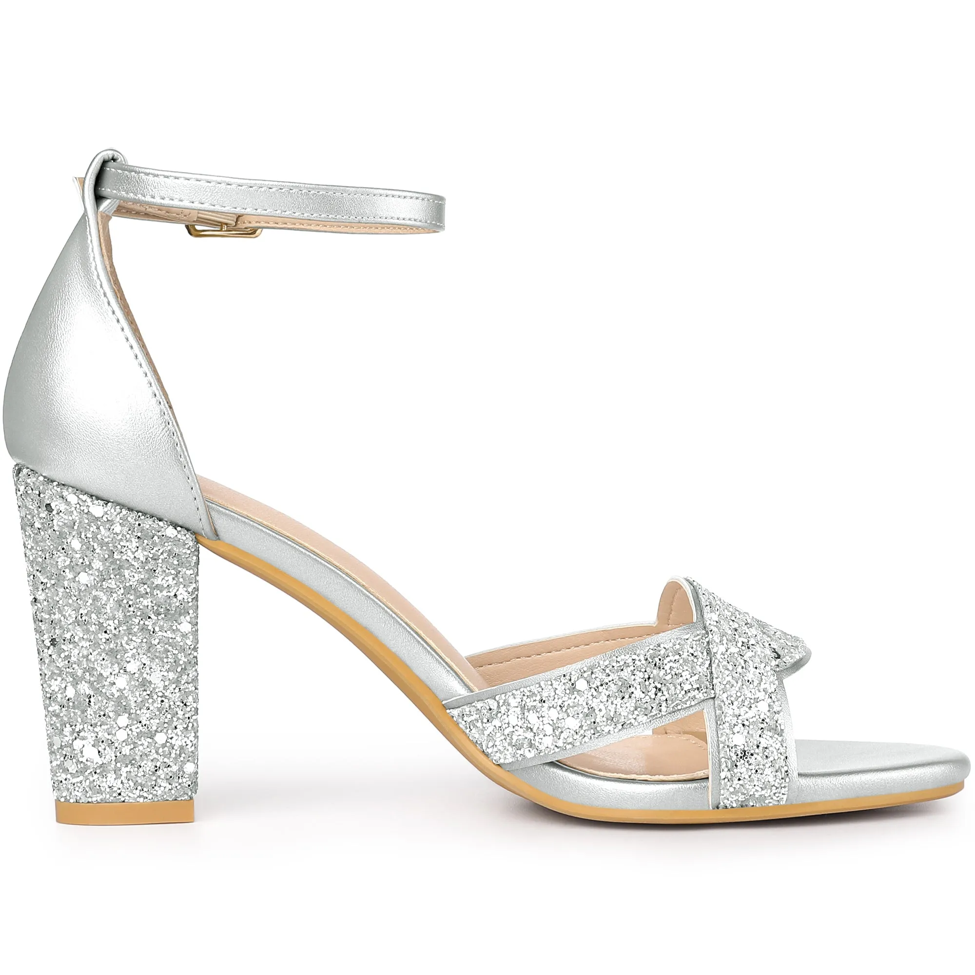 Women's Bling Glitter Ankle Strap High Chunky Heel Sandals