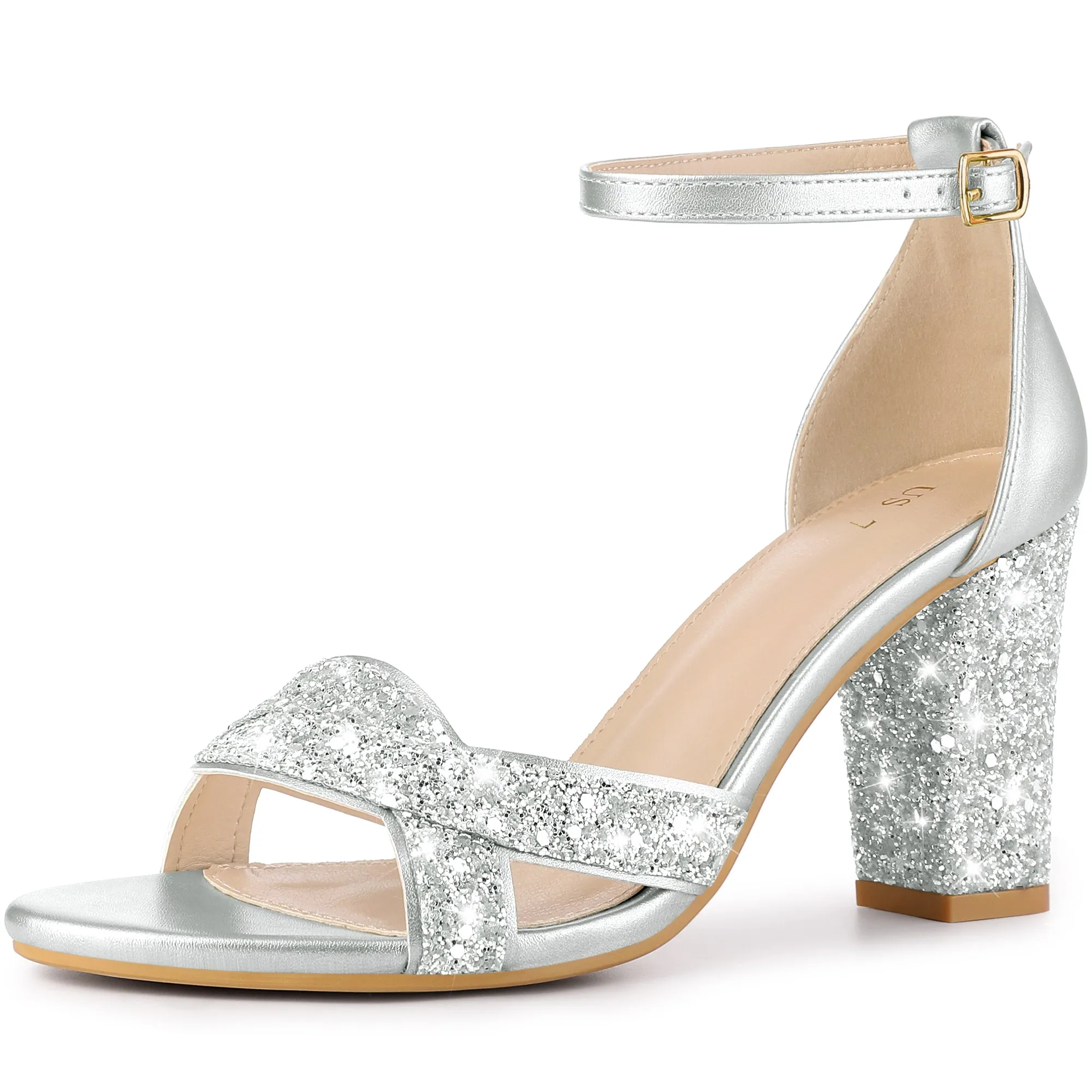 Women's Bling Glitter Ankle Strap High Chunky Heel Sandals