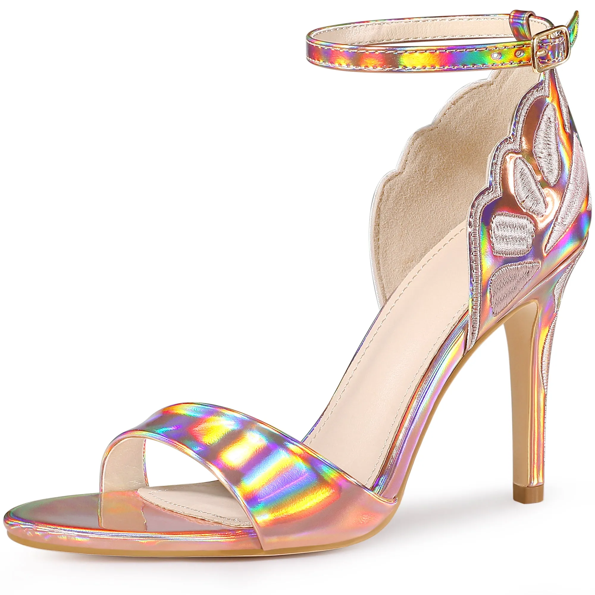 Women's Embroidered Leather Ankle Strap Stiletto Heel Sandals