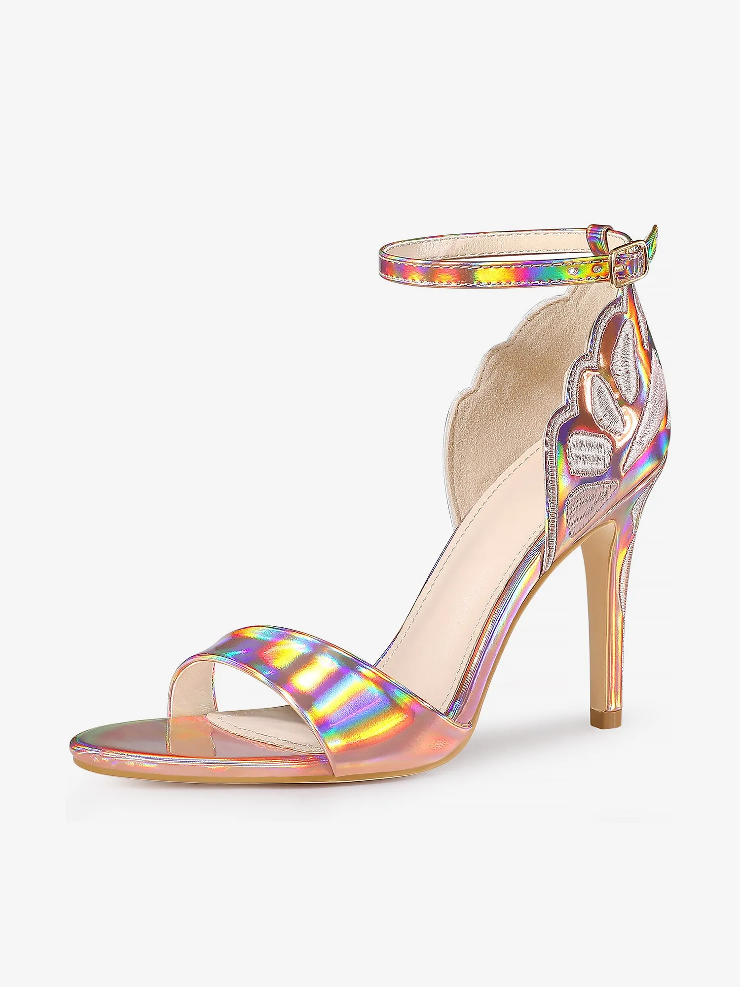 Women's Embroidered Leather Ankle Strap Stiletto Heel Sandals